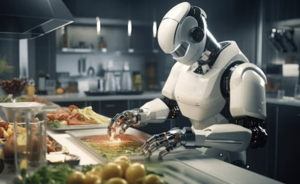 Robot preparing a meal in an industrial kitchen